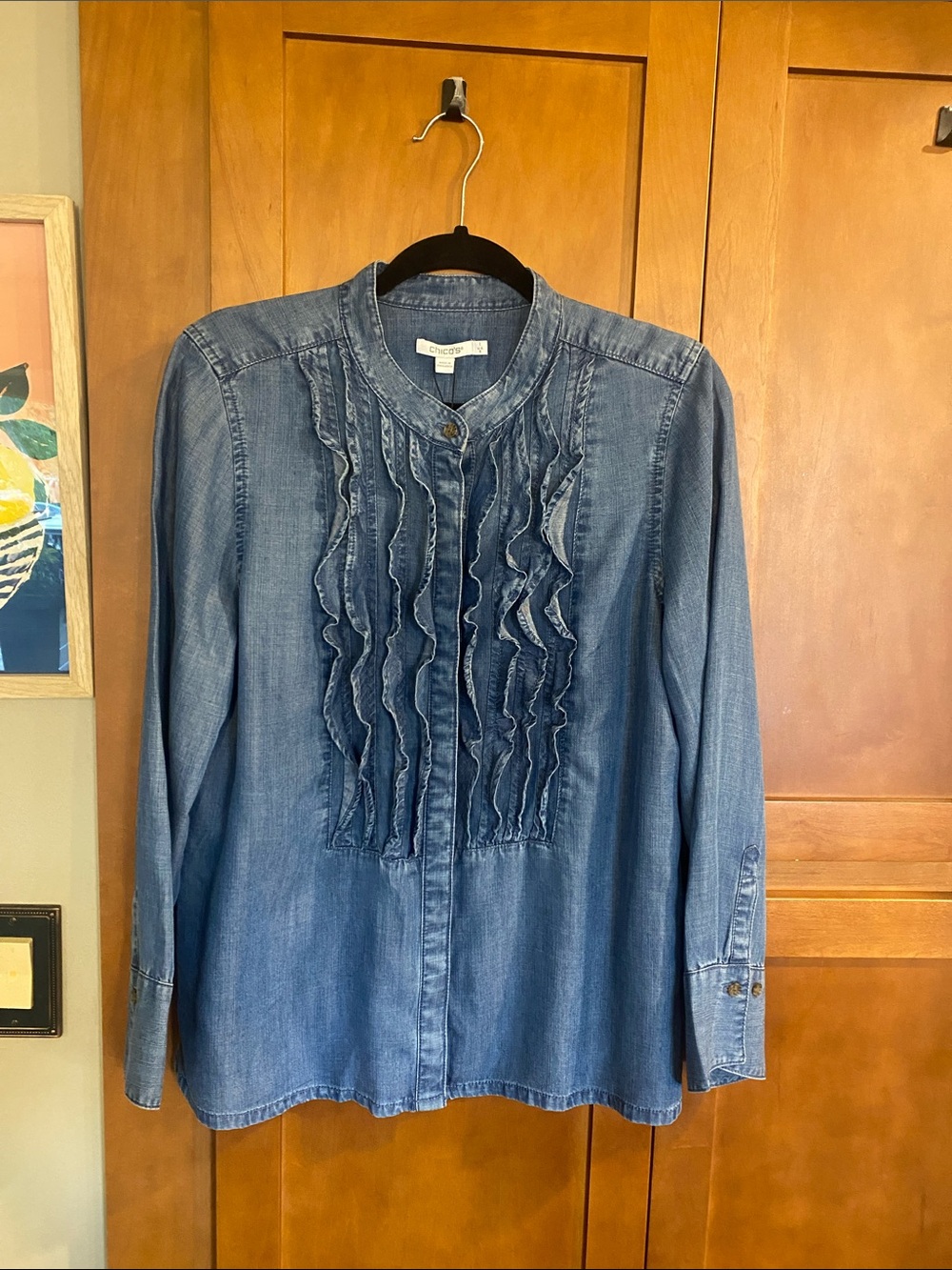 Chico's Washed Blue Ruffle-Front Denim Button Down